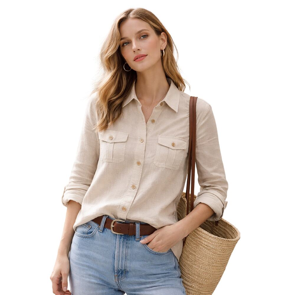 Saks Fifth Avenue Threads Linen Utility Shirt Womens‎ 12 Beige Button Up